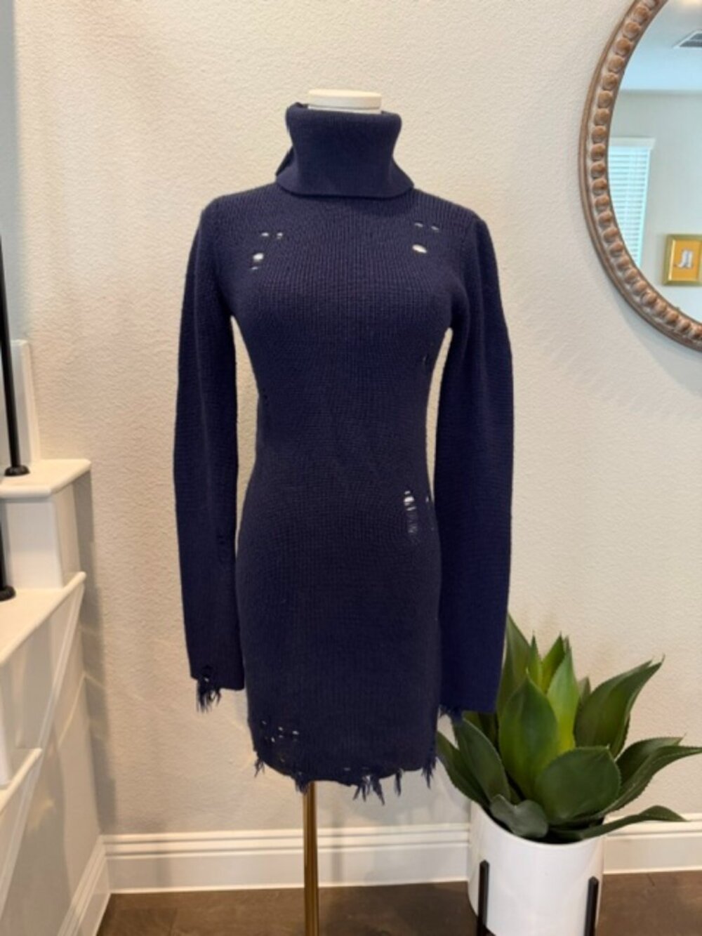 Lovers + Friends Kenney Distressed Sweater Dress Navy Blue Size Adult Small